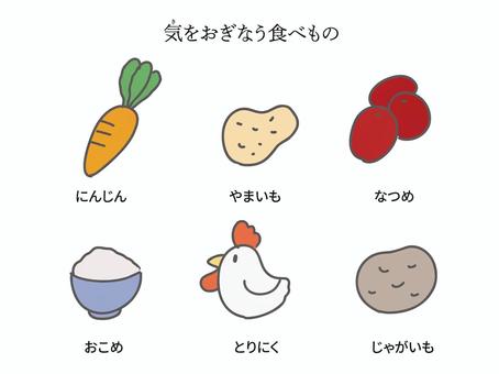 気を補う食べ物 にんじん,やまいも,なつめ,おこめ,とりにく,じゃがいも,アイコンのイラスト素材