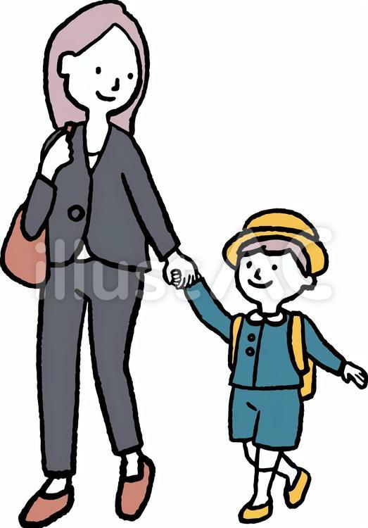 男の子と手をつないで歩くスーツ姿の母親 女性,スーツ,正装のイラスト素材