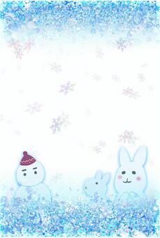 寒中見舞い、礼状ポストカード（文字なし） 寒中見舞い,お礼状,雪,雪うさぎ,雪だるま,ゆるい,ゆるめ,ポストカード,ハガキサイズ,雪の結晶のイラスト素材