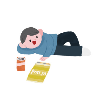 ごろごろする男性の手描きカラーイラスト ごろごろ,男性,お菓子,寝転ぶ,くつろぐ,笑顔,人物,挿絵,かわいい,手描きのイラスト素材