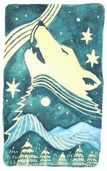 水彩オオカミと夜空・星と森のイラスト オオカミ,夜空,星,森,動物,水彩,ファンタジー,イラスト,青,夜景のイラスト素材