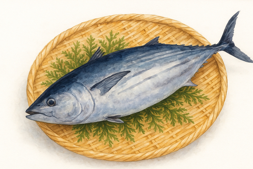 新鮮なカツオと竹ざる(檜の葉)