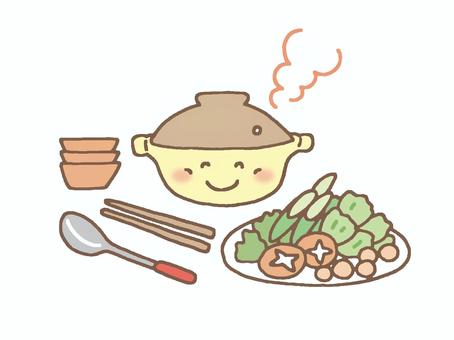 ホカホカの鍋もの料理 土鍋,湯気,取り皿,菜箸,おたま,白菜,ネギ,春菊,しいたけ,鶏団子のイラスト素材