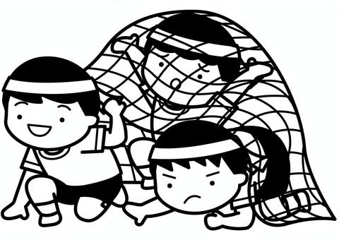 障害物競走-1c 障害物競走,運動会,競技,競走,網,くぐる,小学生,はちまき,体育着,運動着のイラスト素材