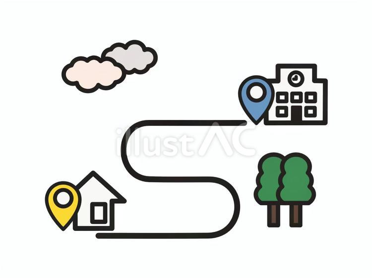 ロードマップ　通学路　家と学校 位置情報,地図,ロードマップのイラスト素材