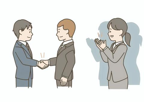 握手するビジネスマンと拍手する女性社員 握手,ビジネスマン,男性,拍手,お祝い,成功,合意,契約成立,ビジネスシーン,スーツ姿のイラスト素材