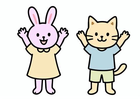 万歳するうさぎとねこのキャラクター うさぎ,ねこ,動物,キャラクター,イラスト,手,上げる,元気,明るい,ピンクのイラスト素材