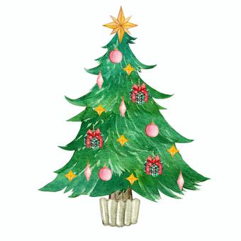 【水彩】クリスマスツリー1 ツリー,モミの樹,モミノキ,クリスマスツリー,リボン,プレゼント,オーナメント,デコレーション,装飾,飾りのイラスト素材