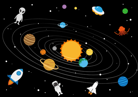 太陽系の宇宙と宇宙人の背景素材 宇宙,太陽系,惑星,地球,ロケット,スペースシャトル,宇宙人,火星人,パイロット,ポップのイラスト素材