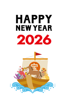 年賀状　2026年　午年 年賀状,2026年,午,午年,宝船,縁起物,波,海,船,乗り物のイラスト素材