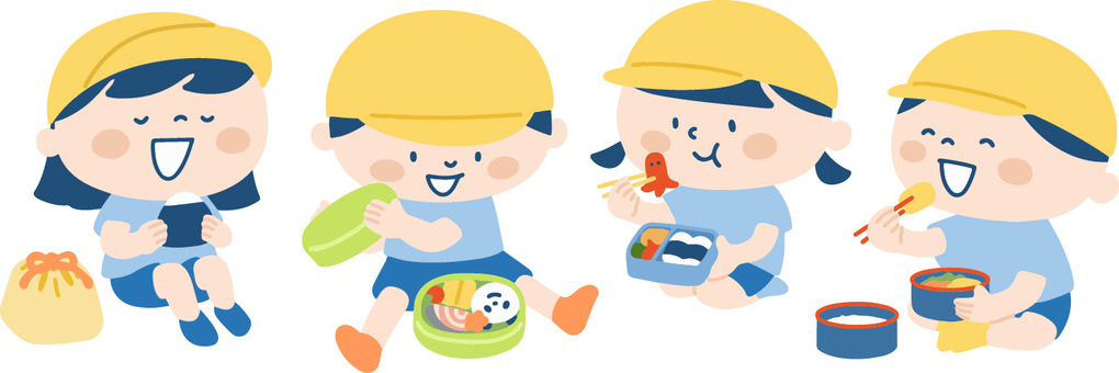 遠足でお弁当を食べる子ども4人のイラスト