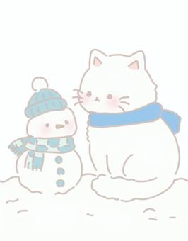 雪だるまとネコ 雪だるま,冬,雪,冷たい,寒色,猫,動物,マフラー,ニット帽,防寒のイラスト素材