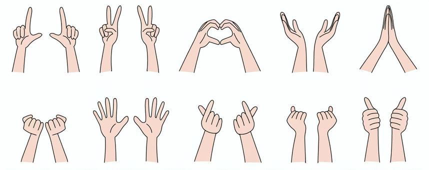 胸の前で使える手のポーズ 手,両手,仕草,ポーズ,ピース,ハート,グッド,お願い,合掌,がんばれのイラスト素材