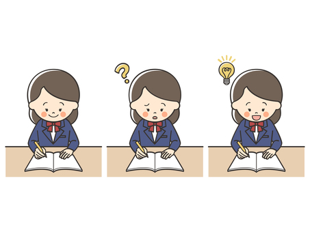 勉強をする女子学生のセット 悩む,困る,考える,わからない,解けない,難しい,疑問,アイデア,思いつく,思い出すのイラスト素材