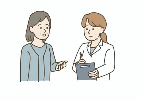 中年女性から話を聞く医師 医師,薬剤師,白衣,人物,女性,セット,ポーズ,医療従事者,中年,問診表のイラスト素材