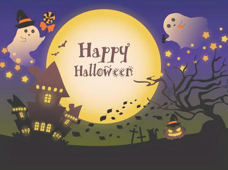 可愛いハロウィン背景 ハロウィン,お化け,ジャックオーランタン,カボチャ,お屋敷,フレーム,お墓,カラス,月,満月のイラスト素材