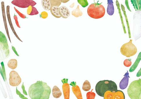 水彩風　野菜背景 6 野菜,背景,フレーム人参,大根,たまねぎ,なす,じゃがいも,さつまいも,里芋,れんこんのイラスト素材