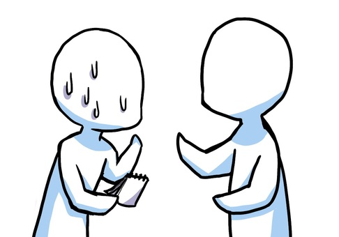 話を聞いて戸惑う人 戸惑う,困る,話,対話,会話,コミュニケーション,打ち合わせ,シンプル,棒人間のイラスト素材