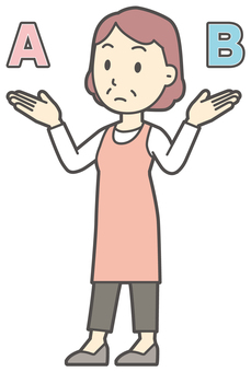  AとBの二択で悩んで考えるおばさん 悩む,女性,人,人物,主婦,中年,シニア,エプロン,ママ,お母さんのイラスト素材