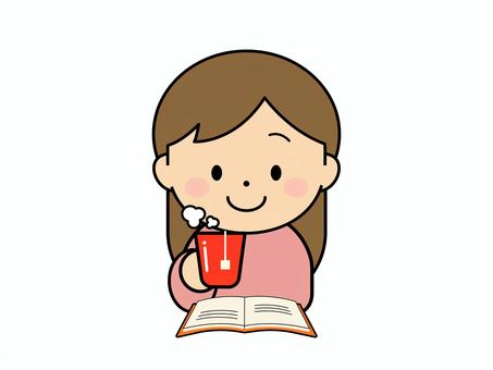 読書をしながらお茶を飲む女性＿アイコン 読書,お茶,紅茶,マグカップ,休み時間,休憩,一休み,人物,女性,女の子のイラスト素材