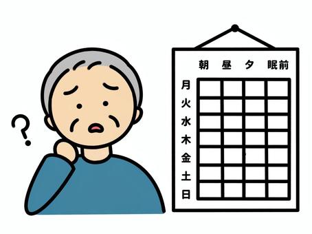 お薬カレンダーと困るおじいちゃん お薬カレンダーシニア,カレンダー,管理,おじいちゃん,祖父,はてな,困る,飲み忘れ,薬,内服薬のイラスト素材