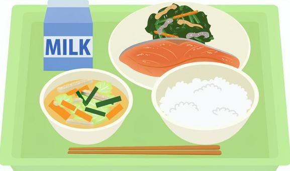 米飯給食 米飯給食,給食,学校給食,牛乳,鮭,焼き魚,あえ物,野菜,みそ汁,汁物のイラスト素材