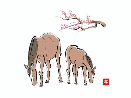 午年イラスト素材 午,干支,馬,縁起物,午年,白馬,和風,ウマ,梅,花のイラスト素材
