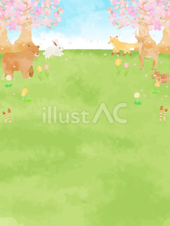 可愛い手描きの動物たちと春の風景イラスト かわいい,背景,春のイラスト素材