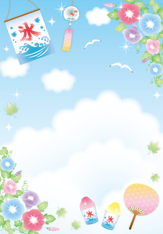 朝顔とかき氷と空のフレーム（たて） あさがお,夏,空,うちわ,風鈴,キラキラ,花,和,かわいい,フレームのイラスト素材