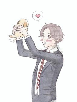 運命の出会い(子犬×男子学生) 運命の出会い(子犬×男子学生) 人物,人物イラスト,上半身,男の子,犬,子犬,出会い,学生,制服,ハートのイラスト素材