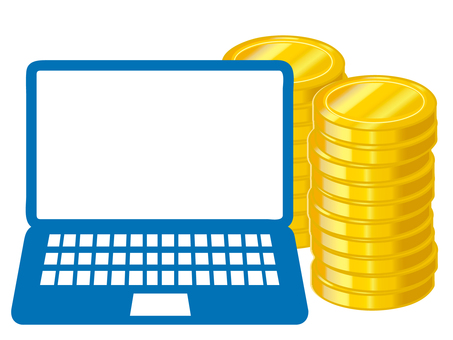 パソコンと積み上げられたコイン コイン,パソコン,お金,たくさん,積み上げる,資産,投資,運用,金色,ゴールドのイラスト素材