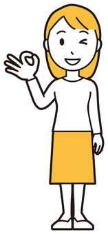  ロングヘア女性(黄)-044-全身 オッケー,女性,女の子,人物,かわいい,ok,良い,正解,オッケーサイン,褒めるのイラスト素材