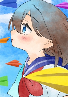 少女とたくさんの紙飛行機 女の子,紙飛行機,カラフル,セーラー服,水彩,ロングヘア,横顔,青空のイラスト素材