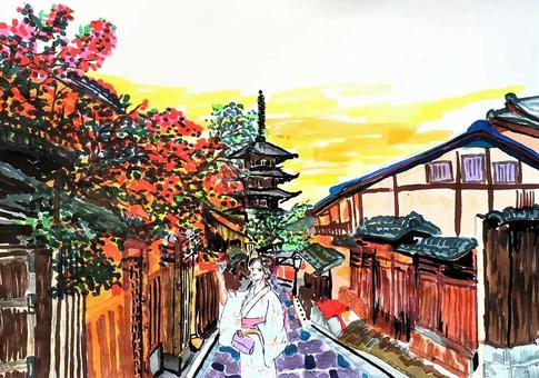 Illustration, kyoto, landscape, five-storied pagoda, 