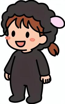 黒のひつじコスの女の子です。 ひつじ,コスプレ,シンプル,コスチューム,イベント,パーティー,耳,モコモコ,動物,着ぐるみのイラスト素材
