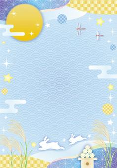 お月見うさぎとススキの和風カード２（縦） 秋,お月見,すすき,うさぎ,月,和,キラキラ,かわいい,フレーム,背景のイラスト素材