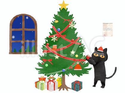水彩風クリスマスツリー飾り付けイラスト