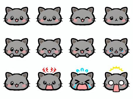 黒猫の喜怒哀楽顏アイコンイラストセット 猫,顏,黒猫,喜怒哀楽,表情,涙,笑顔,ビックリ,動物,生き物のイラスト素材
