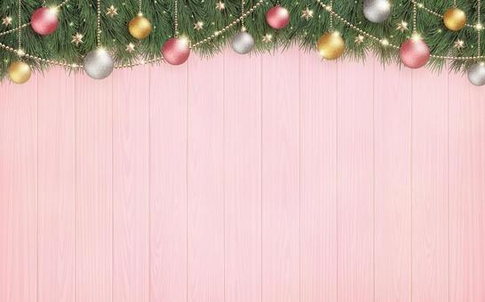 クリスマスツリーとピンクの木目背景 クリスマス,クリスマスツリー,オーナメント,背景,カワイイ,もみの木,木,木目,ツリー,木製のイラスト素材