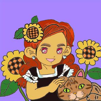 Illustration, sunflower, kembang, kucing, 