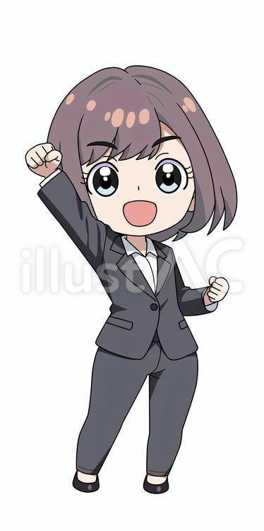 ガッツポーズのスーツの女性（ちびキャラ） ちびキャラ,アニメ,ビジネスのイラスト素材