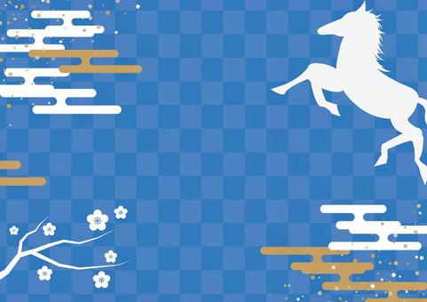 午年の正月のおしゃれな青色の和風背景素材 正月,午年,和風,和柄,馬,雲,梅,枝,紙吹雪,背景のイラスト素材