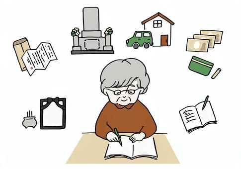 エンディングノートを書く高齢女性 高齢,人物,終活,高齢者,中高年,シニア,女性,書く,ノート,エンディングノートのイラスト素材