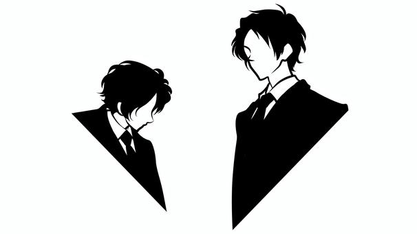 向き合えない二人のシルエット 男性,シルエット,横顔,スーツ,ビジネス,モノクロ,二人,すれ違い,不仲,気まずいのイラスト素材