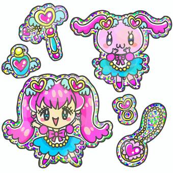 キラシール風！魔法少女とうさぎのセット キラキラ,シール,ホログラム,ラメ,ドリーミー,マジカル,魔法少女,魔法使い,アイドル,女の子のイラスト素材