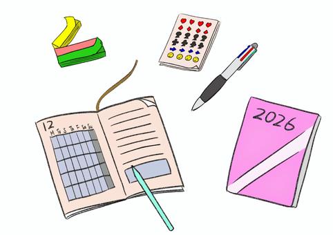 文具セット 付箋,ボールペン,シール,手帳,2026年のイラスト素材