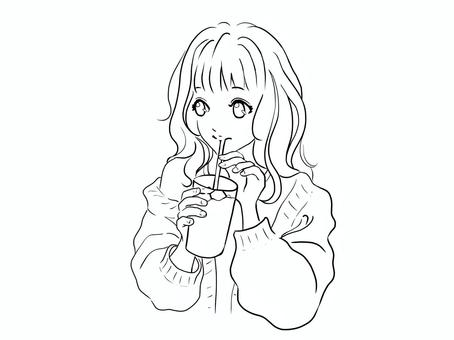 飲み物を飲む女性　白黒