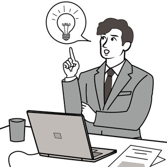 デスクで閃いたサラリーマン ひらめき,アイデア,電球,閃く,発想,サラリーマン,ビジネス,人物,男性,スーツのイラスト素材