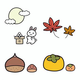 228秋 秋,かき,柿,月見,だんご,くり,栗,つき,月,もみじのイラスト素材