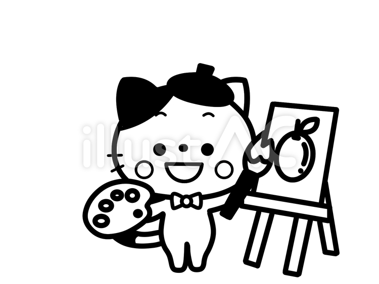 絵を描くネコ　白黒 猫,ねこ,ネコのイラスト素材